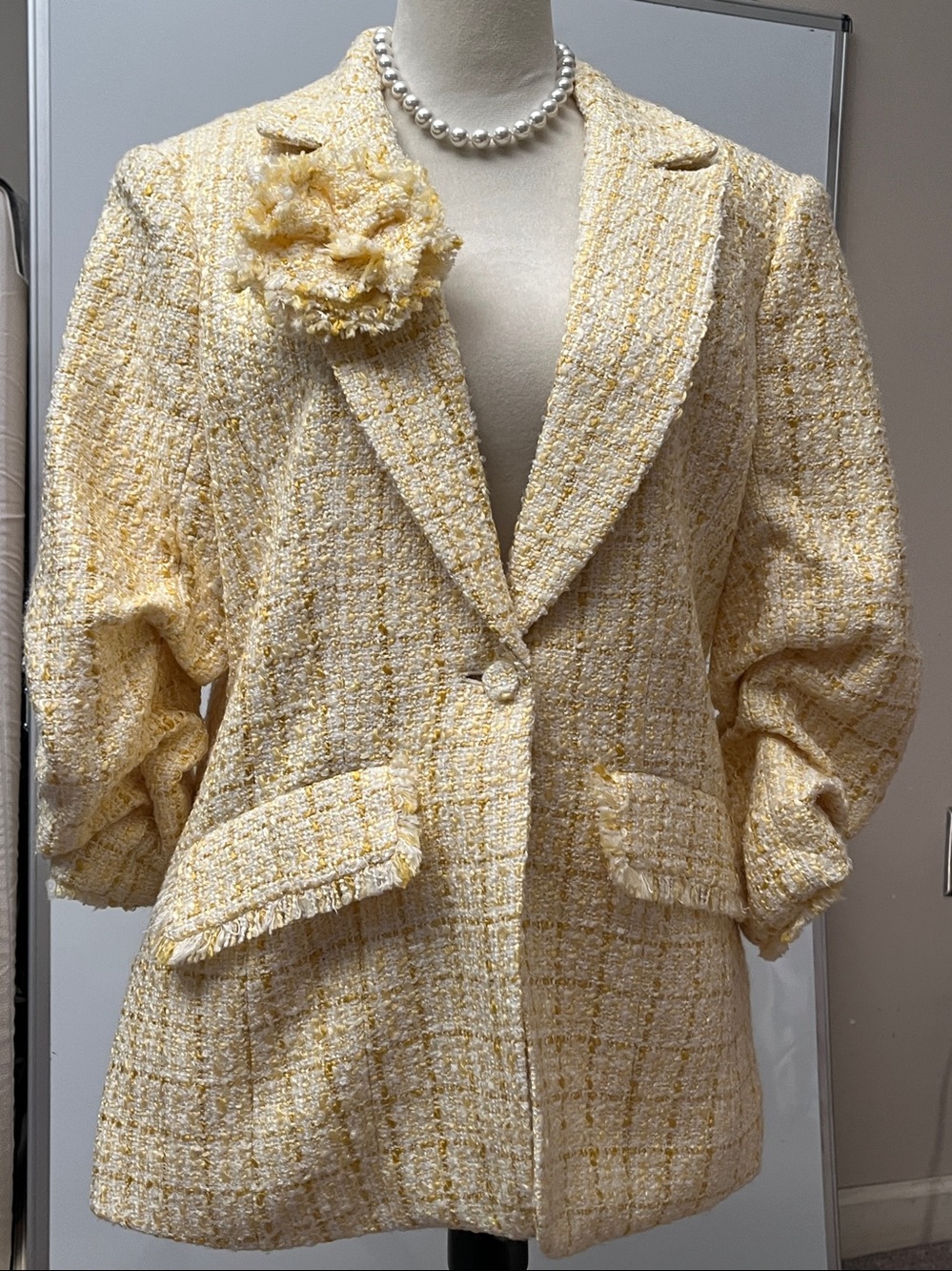 Chic Women's Yellow Tweed Blazer with Floral Accent